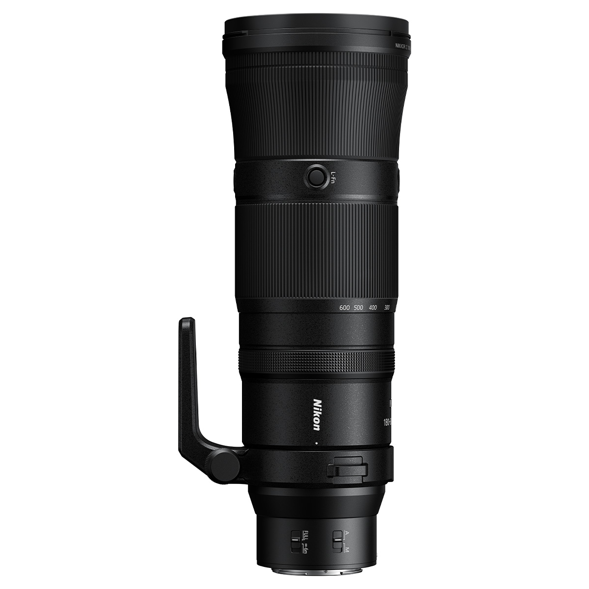 Nikon 180-600 mm 1:5,6-6,3 Z VR Vollformat-Supertele-Zoomobjektiv Seitliche Aufnahme des hochkant stehenden Nikon Z 180-600 mm
