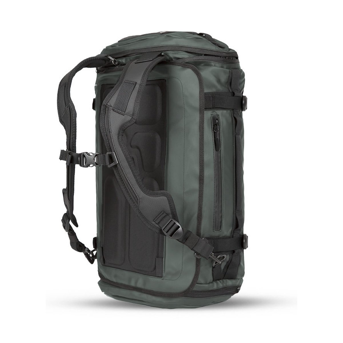WANDRD HEXAD CARRYALL DUFFEL 40-Liter Wasatch Green - Rückansicht der Tasche mit gepolsterten Rucksackträgern und Rückenpolsterung.