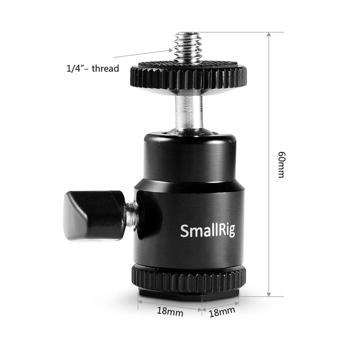 SmallRig 761 Blitzschuhbefestigung 1/4" - Detailansicht mit Maßen und 1/4-Zoll-Gewinde des SmallRig Kugelkopfs
