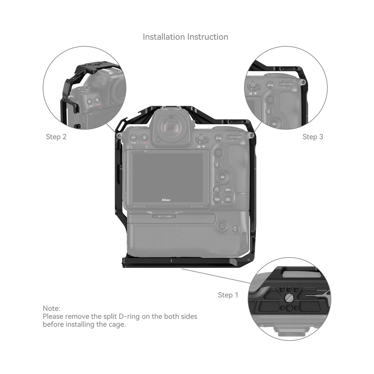SmallRig 3982 Cage für Nikon Z 8 mit MB-N12 Batteriegriff - Installationsanleitung: Kamerakäfig-Montage an Nikon Kamera, Rückansicht mit Detailansichten der Schritte 1, 2, 3.