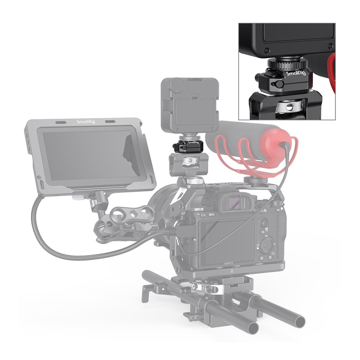 SmallRig 2797 Multifunktions Cold Shoe Montage mit Sicherheitsfreigabe - Anwendungsbeispiel: Cold Shoe Mount Adapter auf Kamera-Rig mit Leuchte, Monitor und Mikrofon. Inset-Detail.