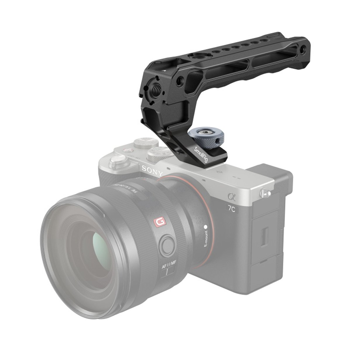SmallRig 3764 Top Handle mit Cold Shoe Lite - Anwendungsbeispiel: Schwarzer SmallRig Top-Handle-Kameragriff montiert auf Sony Alpha 7C Kamera.