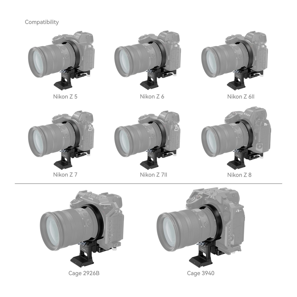 SmallRig 4306 Drehbares Horizontal- Vertikal-Montageplatten-Kit für Nikon Z - Kompatibilitätsübersicht: Produkt an Nikon Z Kameras (Z5-Z8) & Cages (2926B, 3940) montiert.