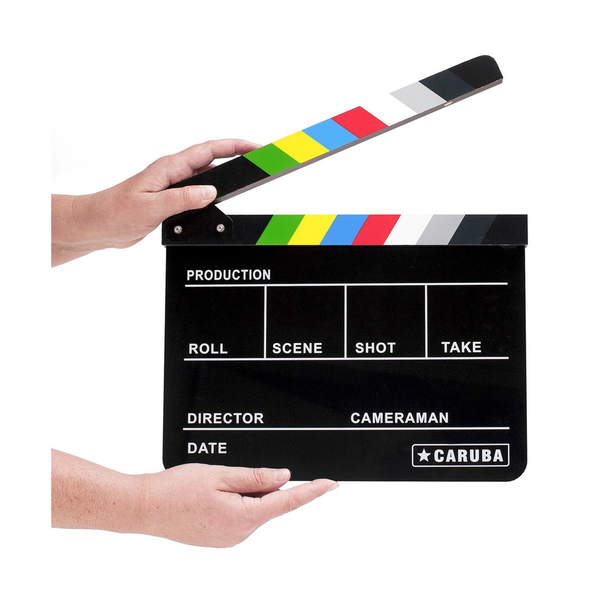 Caruba Professional Director Clapper Schwarz/Farbe (Whiteboardmarker) - Anwendungsbeispiel: Schwarze Filmklappe mit bunten Streifen, von Händen gehalten und geöffnet.
