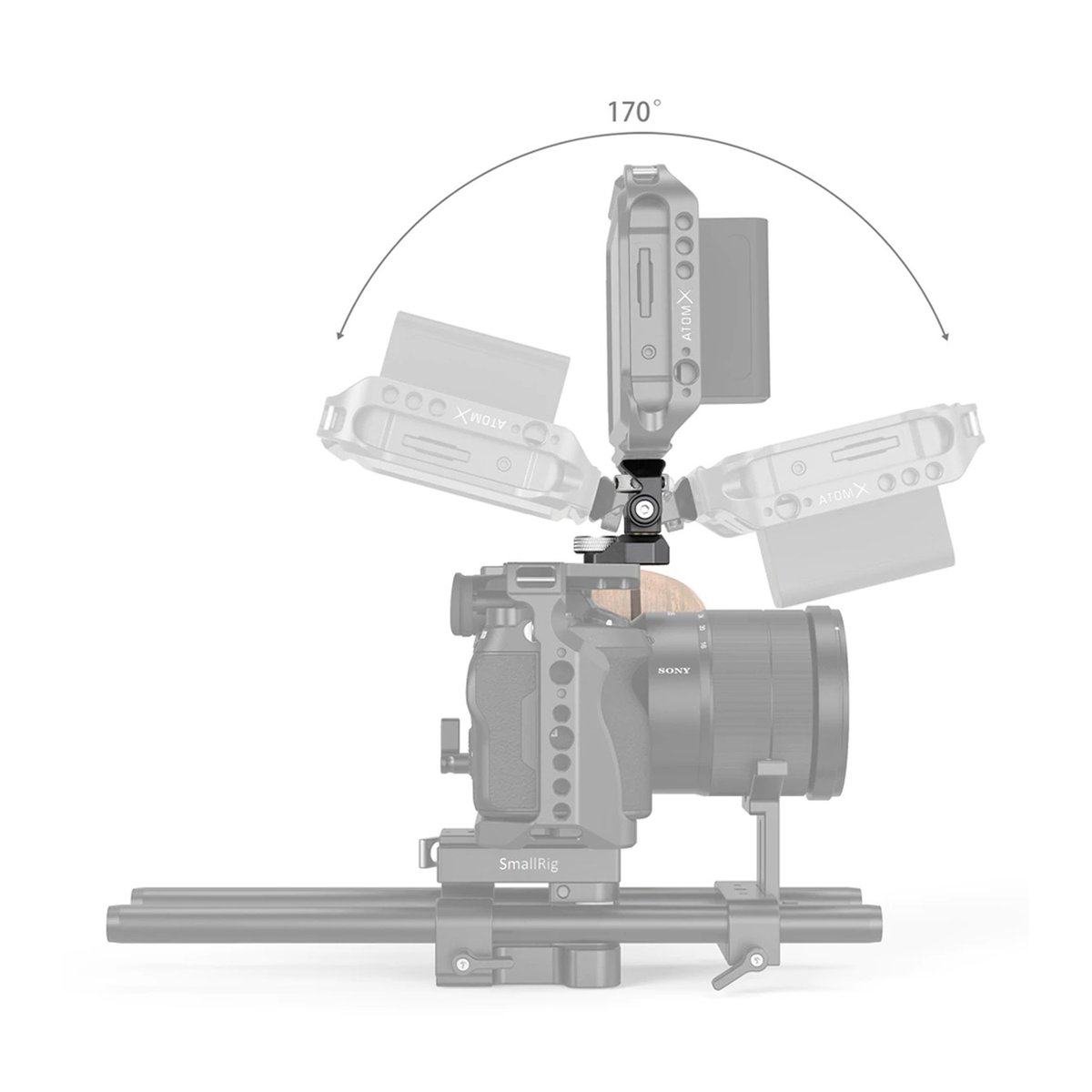 SmallRig 2903B Monitorhaltung mit Arri-Style Montage - Funktionsansicht: 170° Neigungsbereich des Monitorhalters am Kamera-Rig
