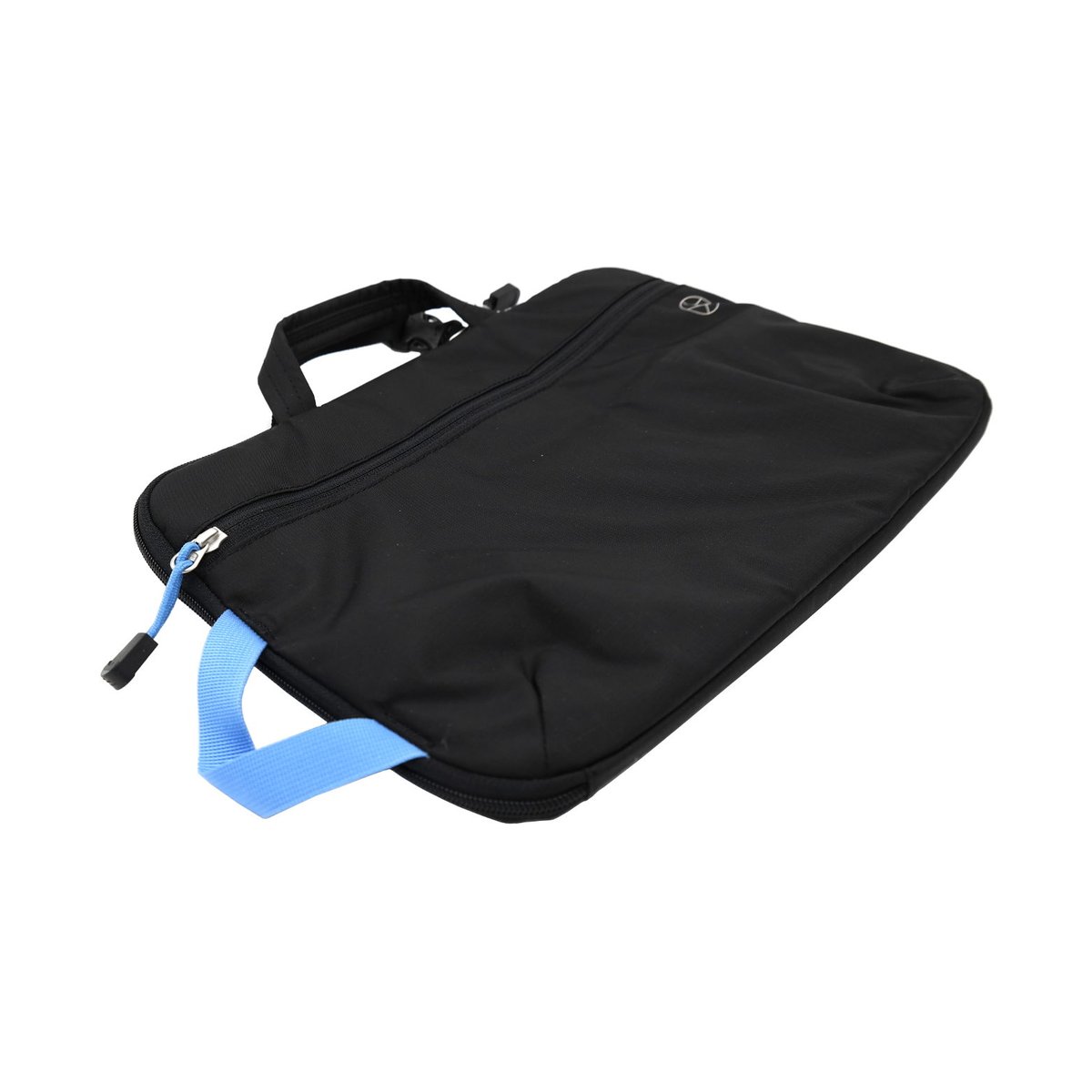F-Stop Laptop Sleeve 13" Black - Angeschrägte Draufsicht auf schwarze Laptoptasche mit blauem Reißverschluss und Tragegriff