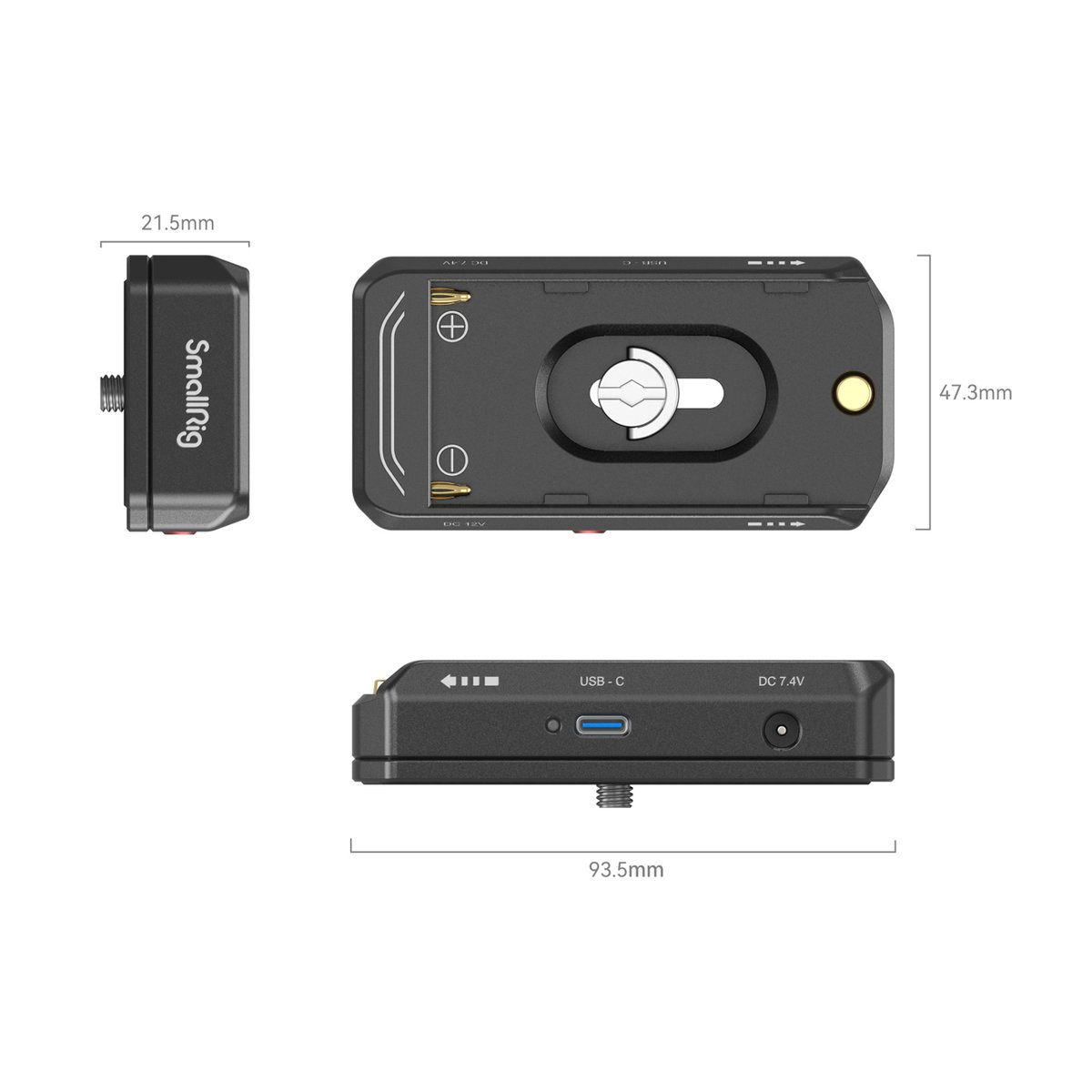 SmallRig 4341 NP-F Batterie-Adapter-Montageplattenkit+NP-FZ100 Dummy+Kabel - Produktmaße und Ansichten: Seite, Oberseite, Front mit Anschlüssen