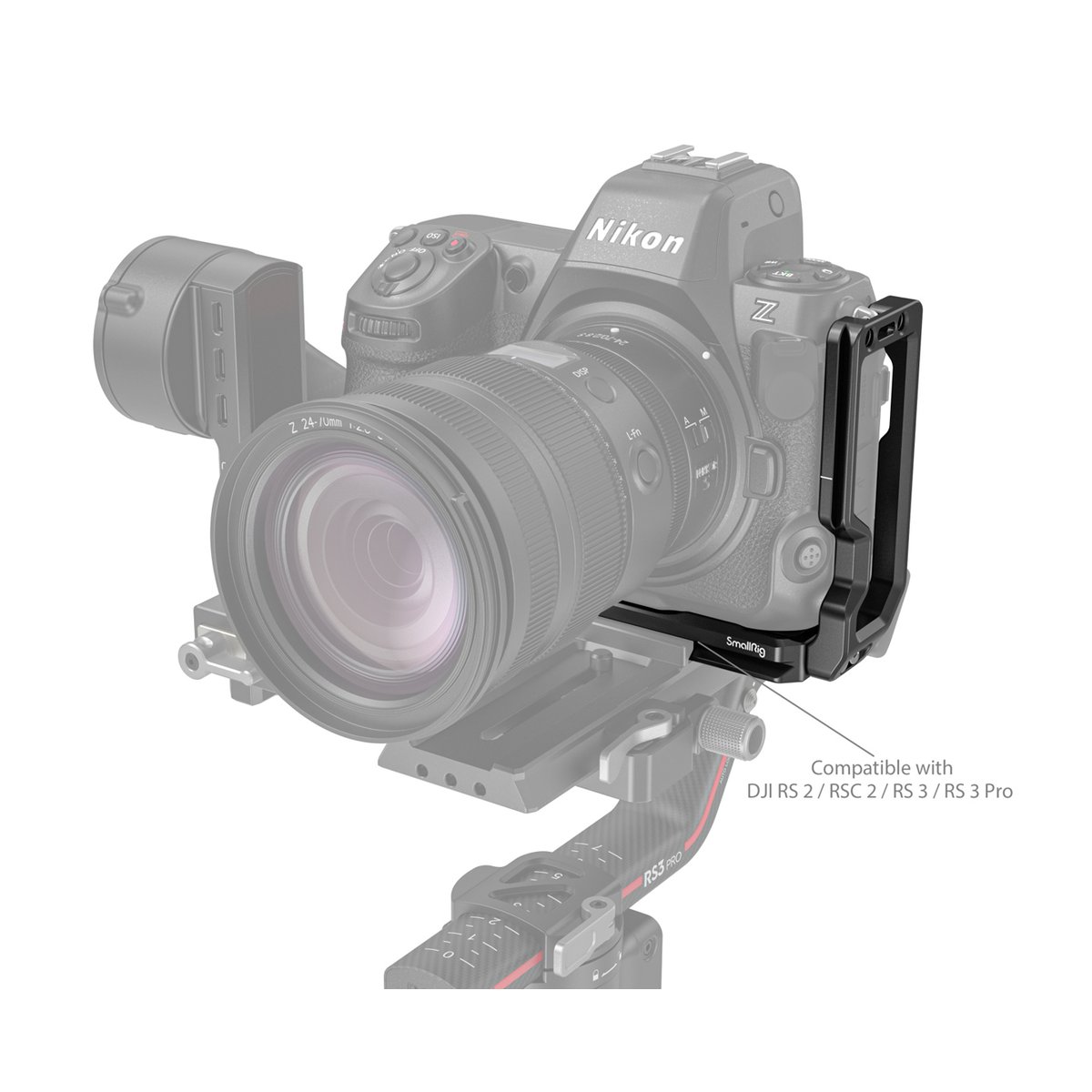 SmallRig 3942 L-Bracket für Nikon Z 8 - Anwendungsbeispiel: SmallRig L-Platte mit Nikon Z auf DJI RS Gimbal, Kompatibilität mit DJI RS/RSC Modellen.