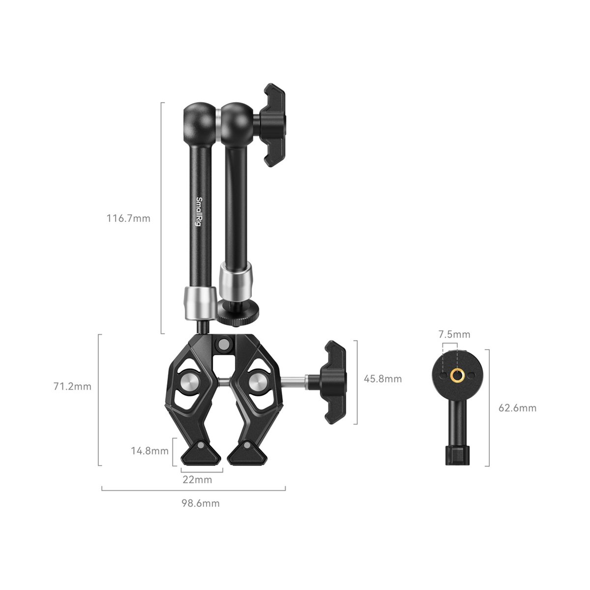 SmallRig 4454 Crap Shaped Clamp with Magic Arm - Maßzeichnung des SmallRig Magic Arm mit Super Clamp und Pin.