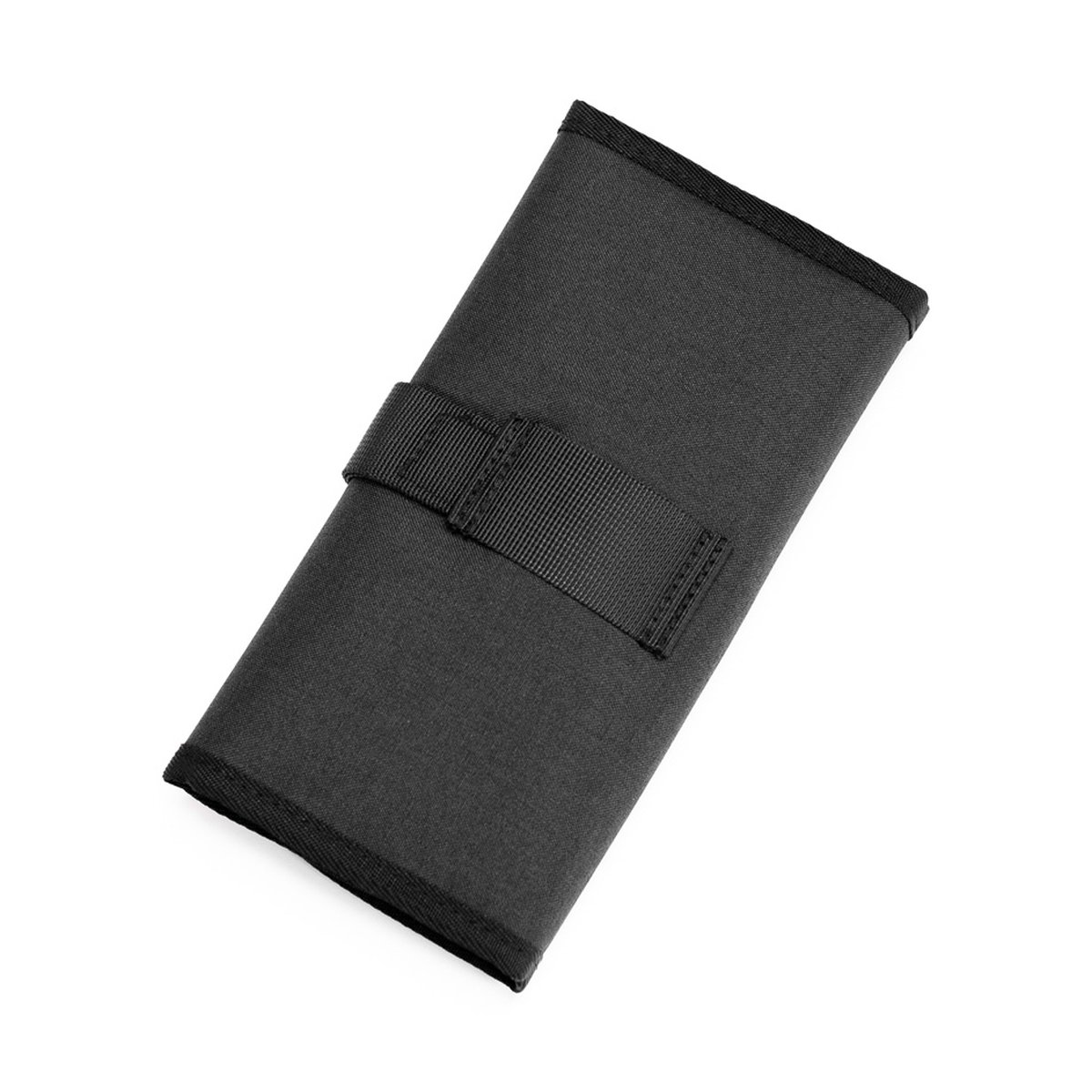 Caruba Filter Organizer Schwarz L - Vorderansicht des geschlossenen Stoffetuis mit Gurtband