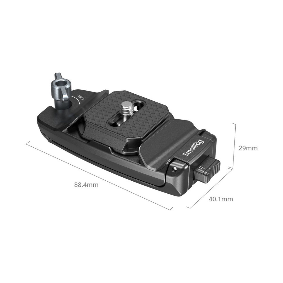 SmallRig 5053 Camera Clip mit QR Mount Plate Kit - SmallRig Quick Release Platte: Detailansicht mit Abmessungen 88.4x40.1x29mm