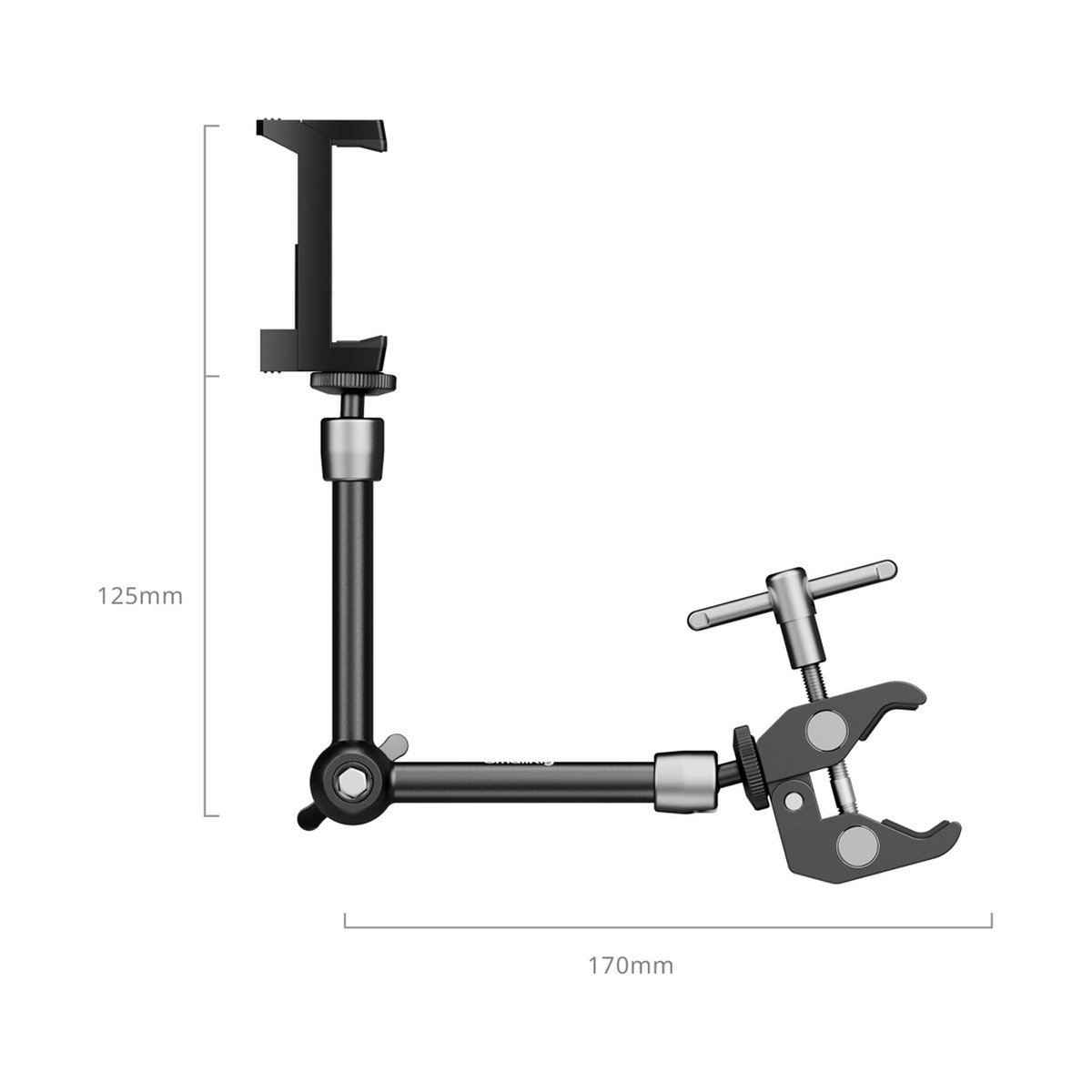SmallRig 5326 Crab-Shaped Clamp for Phones (9,8") - Detailansicht Maße: Verstellbarer Handyhalter mit Klemme und Gelenkarm.
