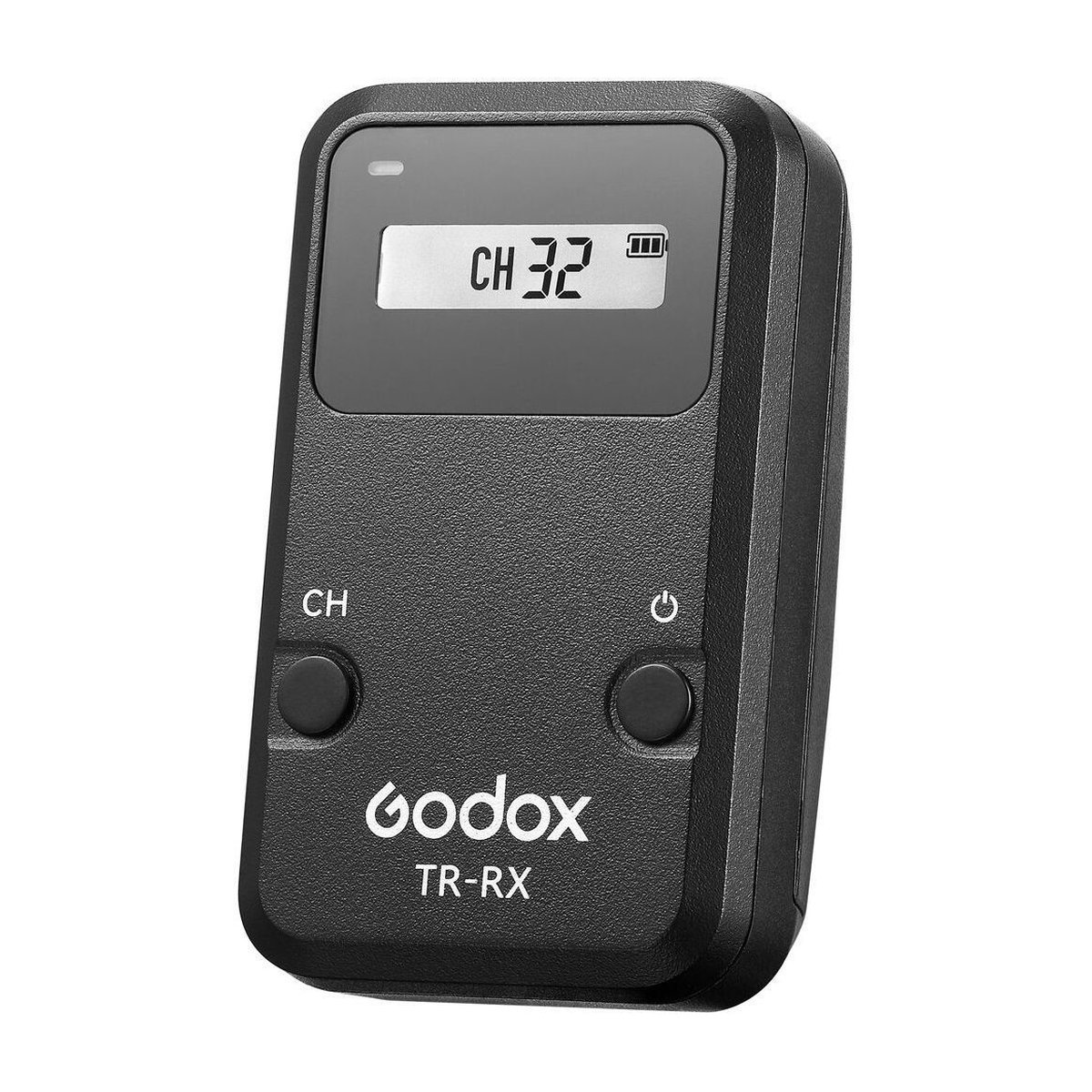 Godox Digital Timer Remote TR-S2 Sony - Detailansicht Godox TR-RX Funkmodul. Display zeigt 'CH 32' und Akku-Status, zwei Tasten, Godox-Logo.