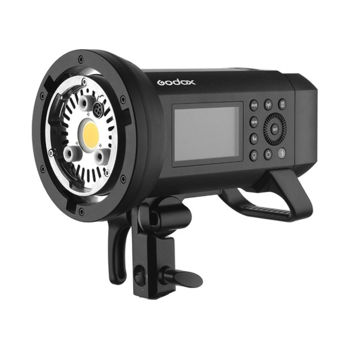 Godox Witstro AD400 Pro - Godox LED-Dauerlicht, schräge Ansicht mit LED-Chip, Display und Halterung