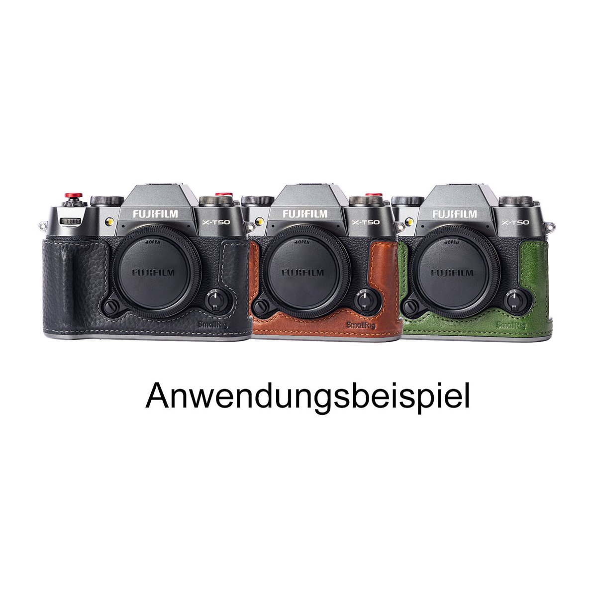 SmallRig 4711 Leather Half Case Kit für Fujifilm X-T50 green - Anwendungsbeispiel: Drei Fujifilm X-T50 Kameras mit Leder-Halbcases in Schwarz, Braun und Grün.