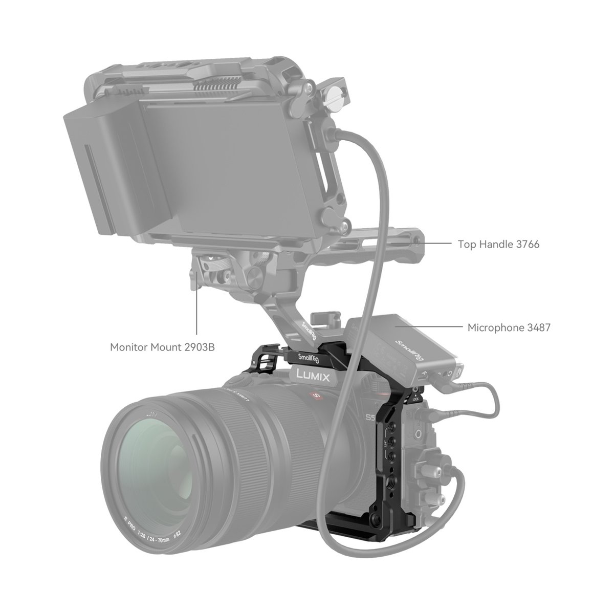 SmallRig 4022 Cage für Panasonic Lumix G9 II / S5 II / S5 IIX - Anwendungsbeispiel: Kamera-Rig mit Monitor Mount 2903B, Top Handle 3766 & Mikrofon 3487.
