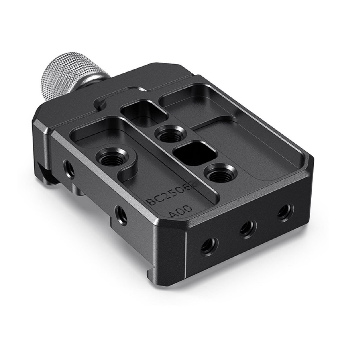 SmallRig 2506 Arca-Type QR Clamp für DJI Ronin S/SC, Zhiyun Cran-W Serie - Perspektivansicht einer schwarzen Kamera-Montageplatte mit vielen Gewindelöchern und Feststellschraube