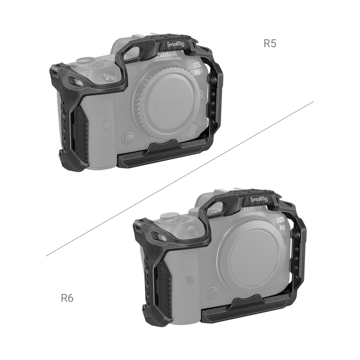 SmallRig 3233B Black Mamba Cage für Canon EOS R5/R6 - Anwendungsbeispiel: Kamerakäfig in schräger Vorderansicht auf Canon EOS R5 (oben) und R6 (unten) montiert.