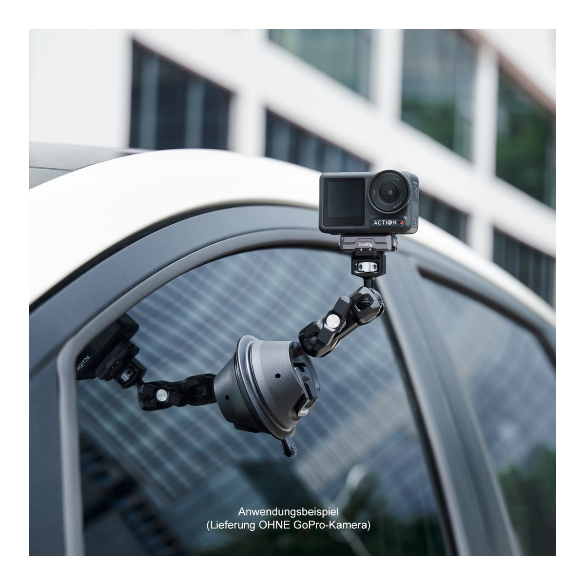 SmallRig 4275 SC-1K Portable Suction Cup Mount Support Kit, Saugnapf+Handyhalter - Anwendungsbeispiel: Saugnapfhalterung für Action-Kameras am Auto-Fenster befestigt.