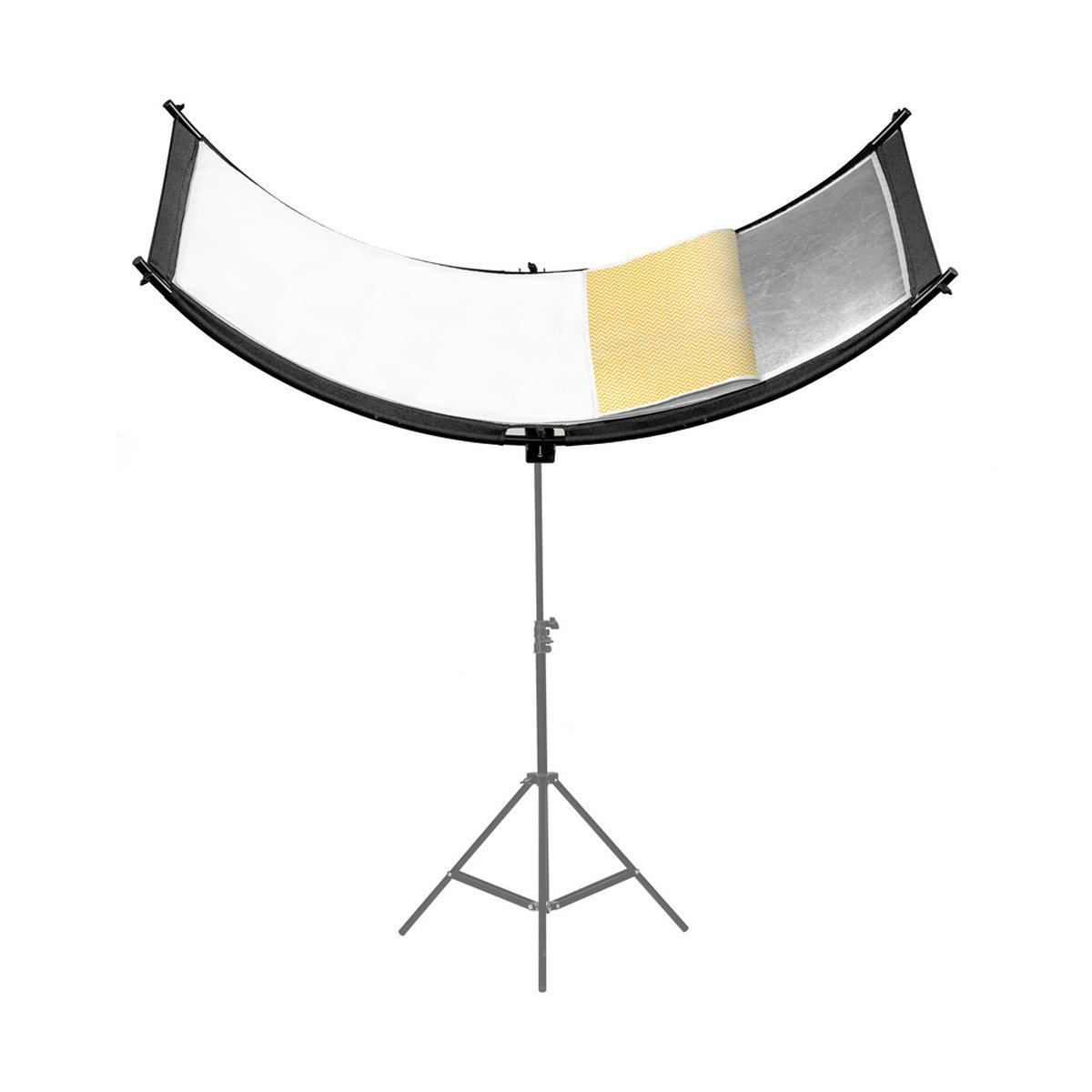 Caruba Curved Gesichtsreflektor Pro Set- 180cm x 65cm (inkl. Erweiterungsset) - Frontansicht eines Fotoreflektors auf Stativ mit weißen, silbernen und gemusterten Gold-Oberflächen.