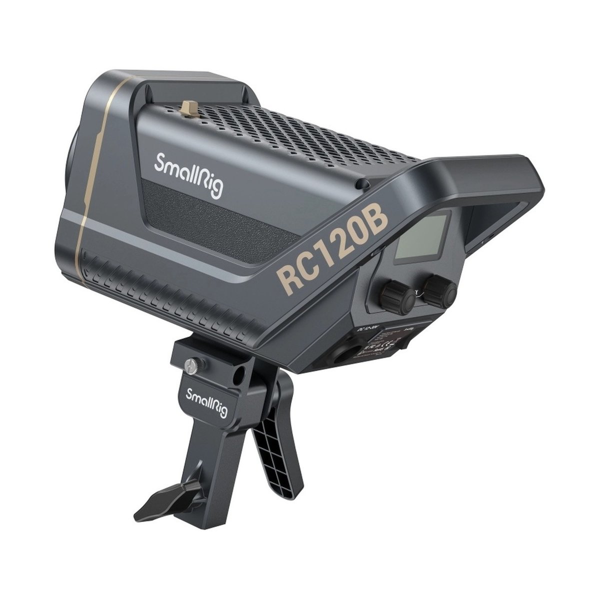SmallRig 3615 RC 120B Bi-Color LED-Videoleuchte - SmallRig RC120B LED-Videoleuchte, schräge Ansicht mit Bedienelementen und Halterung