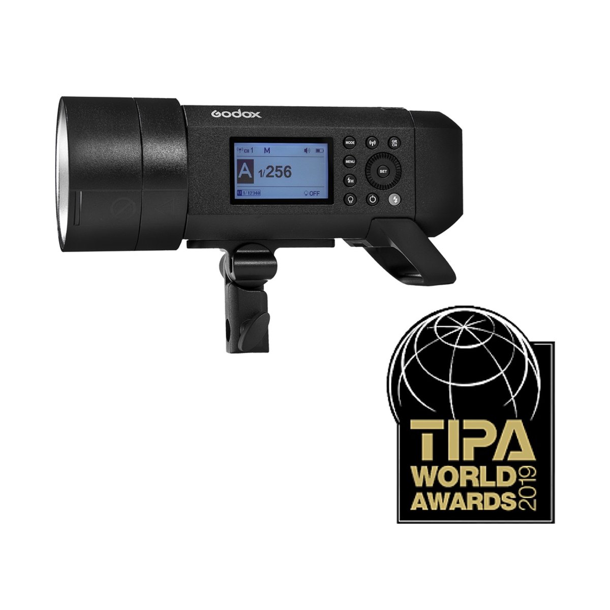 Godox Witstro AD400 Pro - Seitenansicht Godox Blitz mit Display. Inkl. TIPA World Awards 2019 Logo.