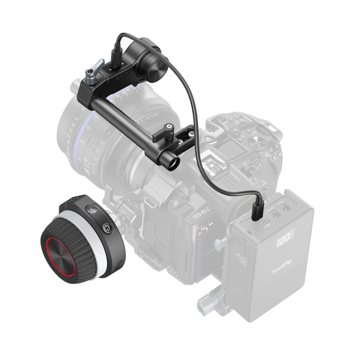 SmallRig 4296B kabelloses Follow-Focus-Kit (Lite) - Anwendungsbeispiel am Kamerarig mit Fokusmotor, externer Stromversorgung und Fernbedienung