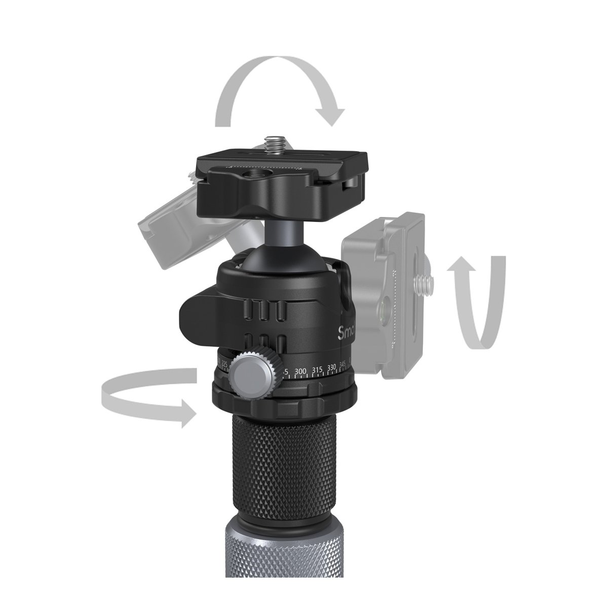 SmallRig 4059 Carbon-Stativ mit Mittelsäule AP-20 - Detailansicht Stativkopf: Schwenk-, Neige- und Schnellwechselfunktion