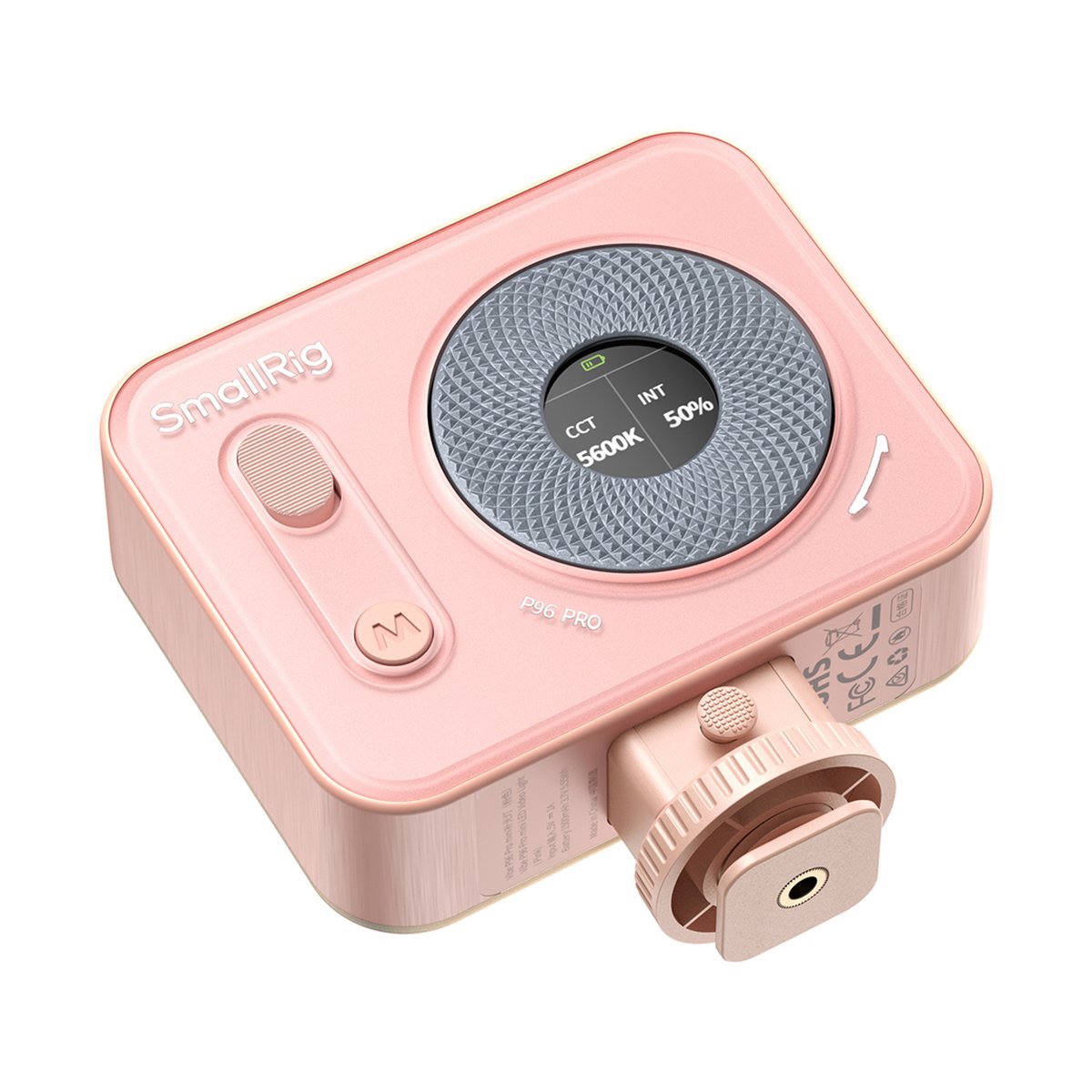 SmallRig 4786 Vibe P96 Pro Mini Pink LED-Videolicht - Pinke SmallRig P96 Pro LED-Leuchte: Abgewinkelte Ansicht von oben mit Display und Bedienelementen.