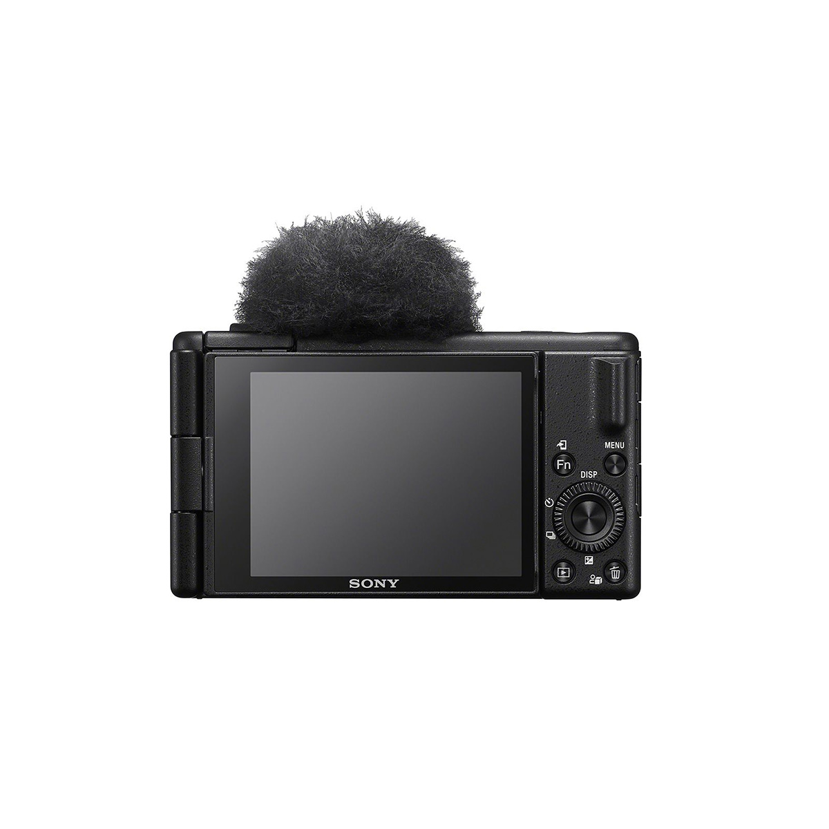 Sony ZV-1 II Vlog Kamera mit Poppschutz Mikrofon von hinten fotografiert