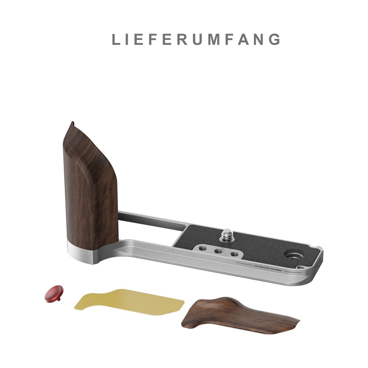 SmallRig 5265 L-Shape Mount Plate mit Holzgriff für Fujifilm GFX100RF silber - LIEFERUMFANG: Kameraplatte mit Holzgriff, Ersatzteile und Zubehör