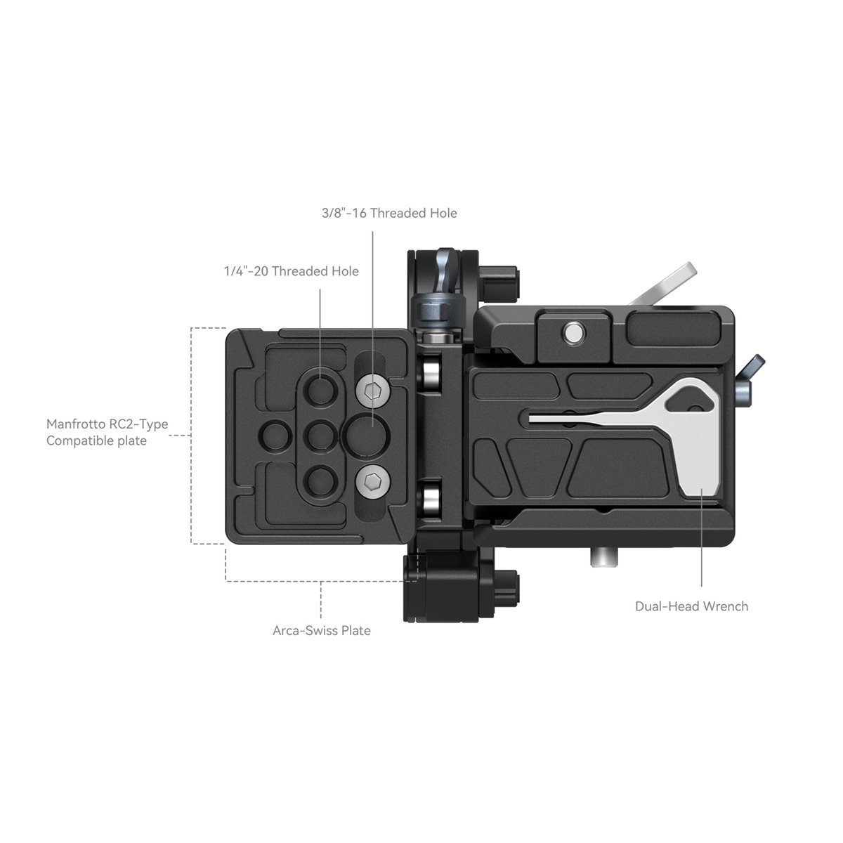 SmallRig 4244 Drehbares Horizontal- Vertikal-Montageplatten-Kit für Sony - Detailansicht Schnellwechselplatte: Manfrotto RC2, Arca-Swiss, Gewinde und Werkzeug