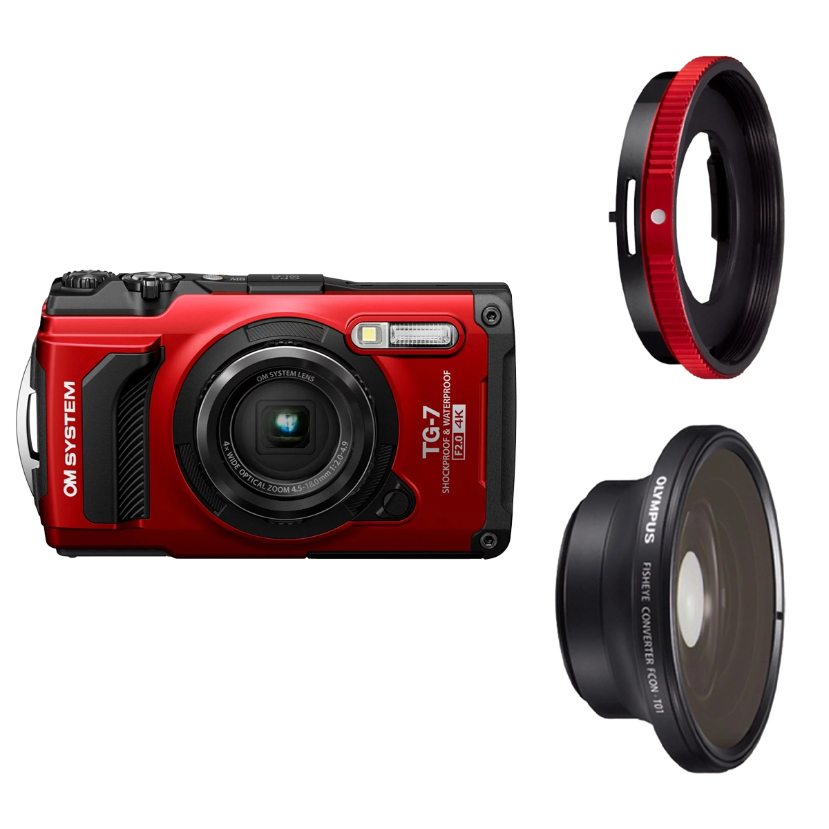 OM System TG-7 Kamera Special Edition Rot + FCON-T01 Fisheye Konverter + CLA-T01 Konverter-Adapter