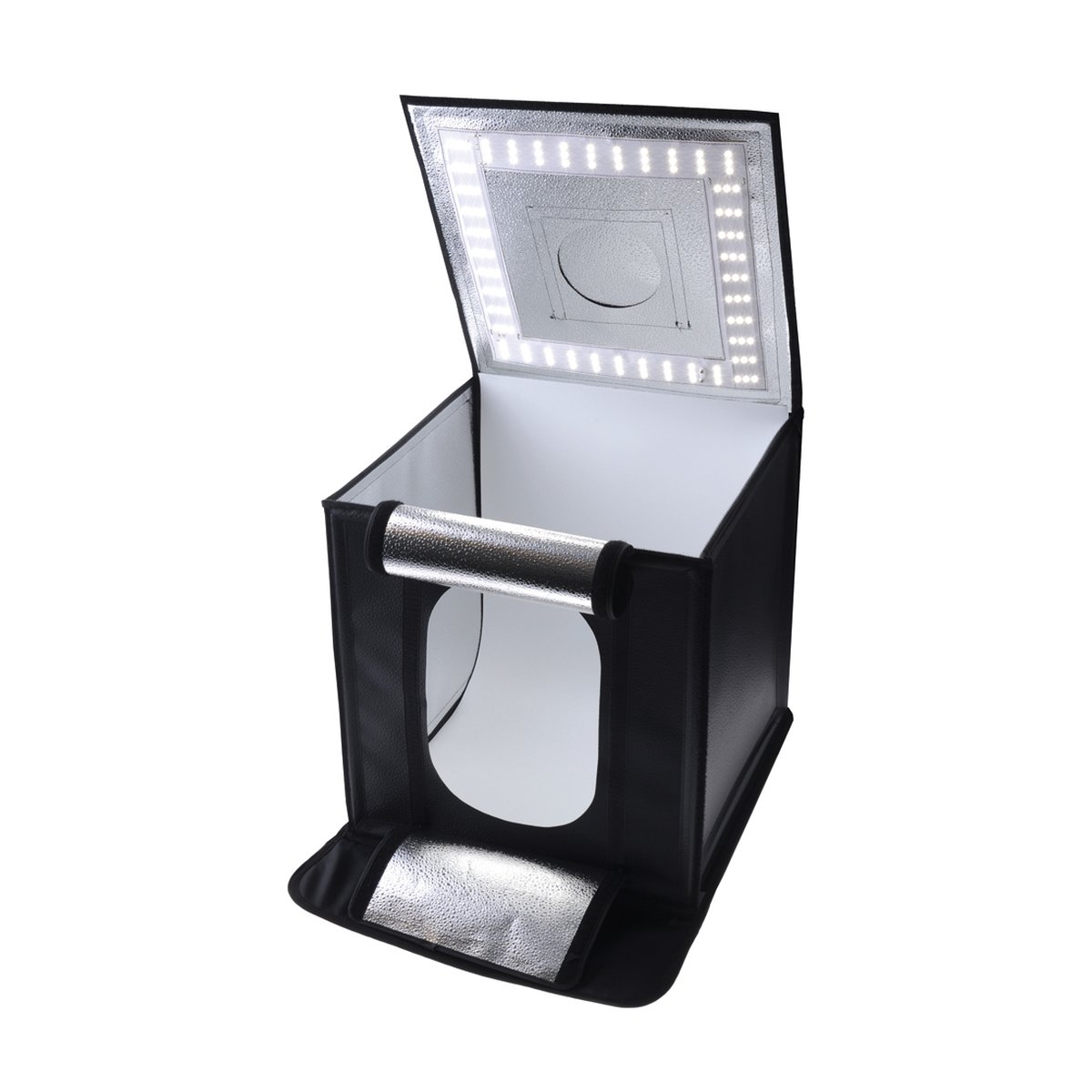 Caruba Tragbares Fotostudio LED 40x40x40cm Dimmbar - Aufgebaute Ansicht: Faltbare LED-Lichtbox mit Innenbeleuchtung