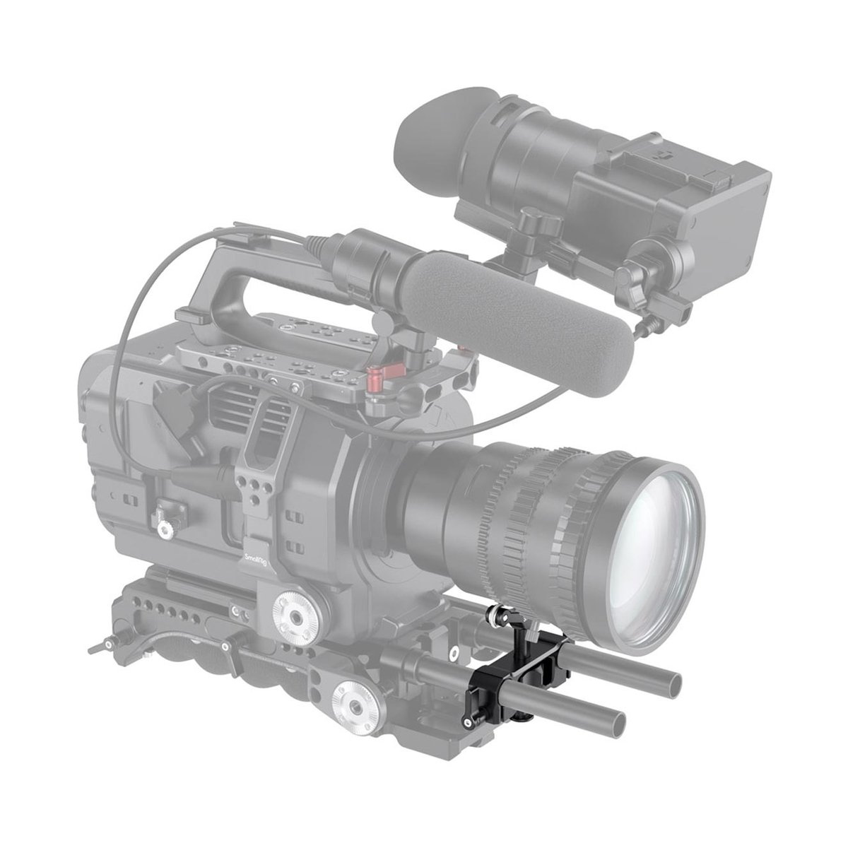 SmallRig 2727 Universal 15 mm LWS Objektivhalterung - Anwendungsbeispiel: Objektivstütze mit Rods an Kamerarig.