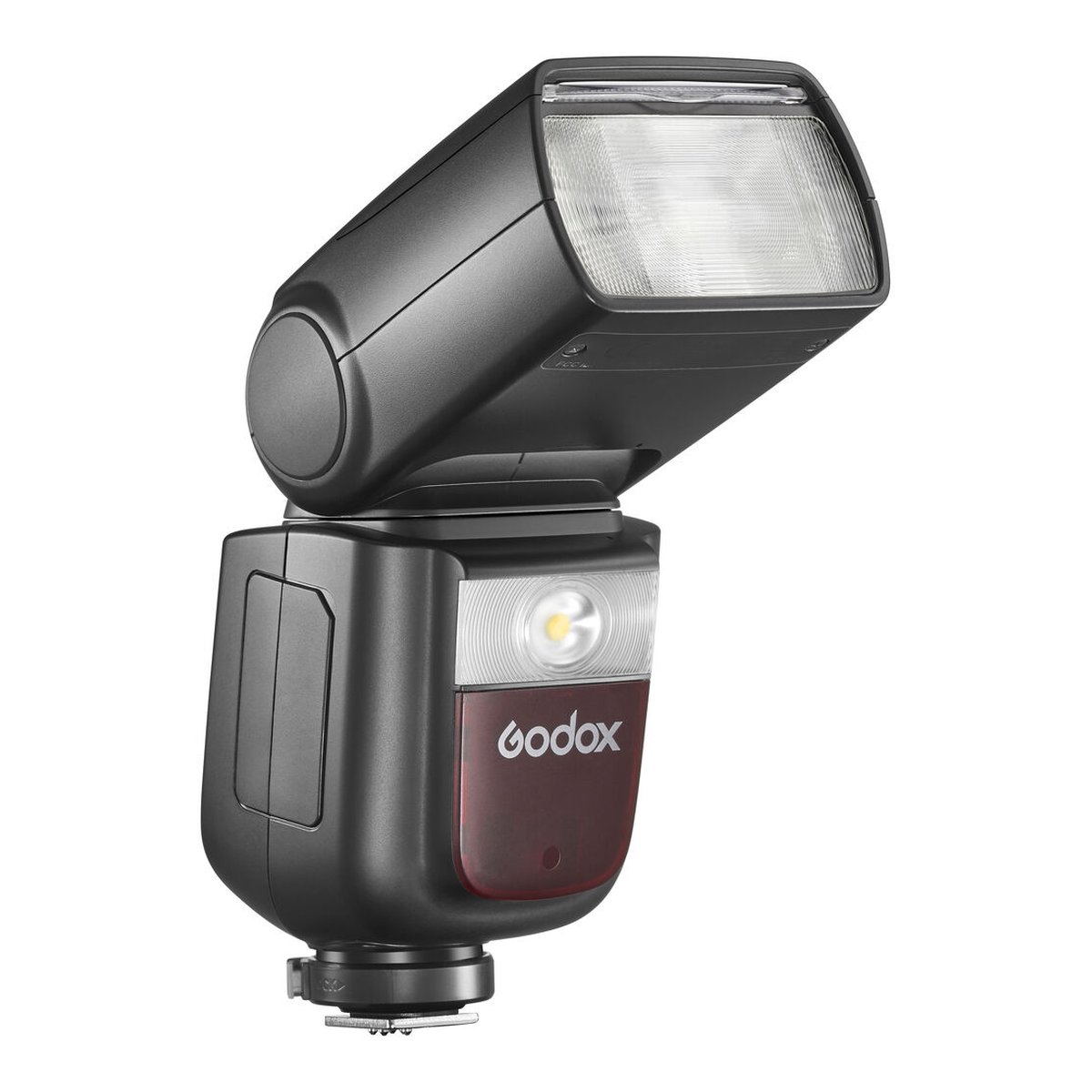 Godox Speedlite V860III Nikon - Godox Kamera-Blitzgerät schräg von vorne mit leuchtendem Einstelllicht