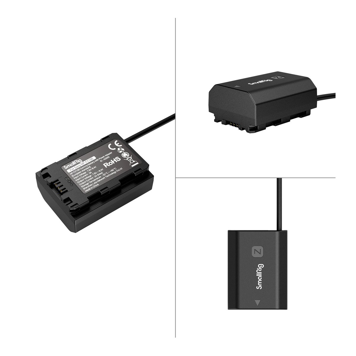 SmallRig 4269B NP-FZ100 Dummy-Batterie mit Netzadapter (EU-Standard) - Verschiedene Ansichten der SmallRig NP-FZ100 Dummy-Batterie mit Kabel, inklusive Etikettendetail.