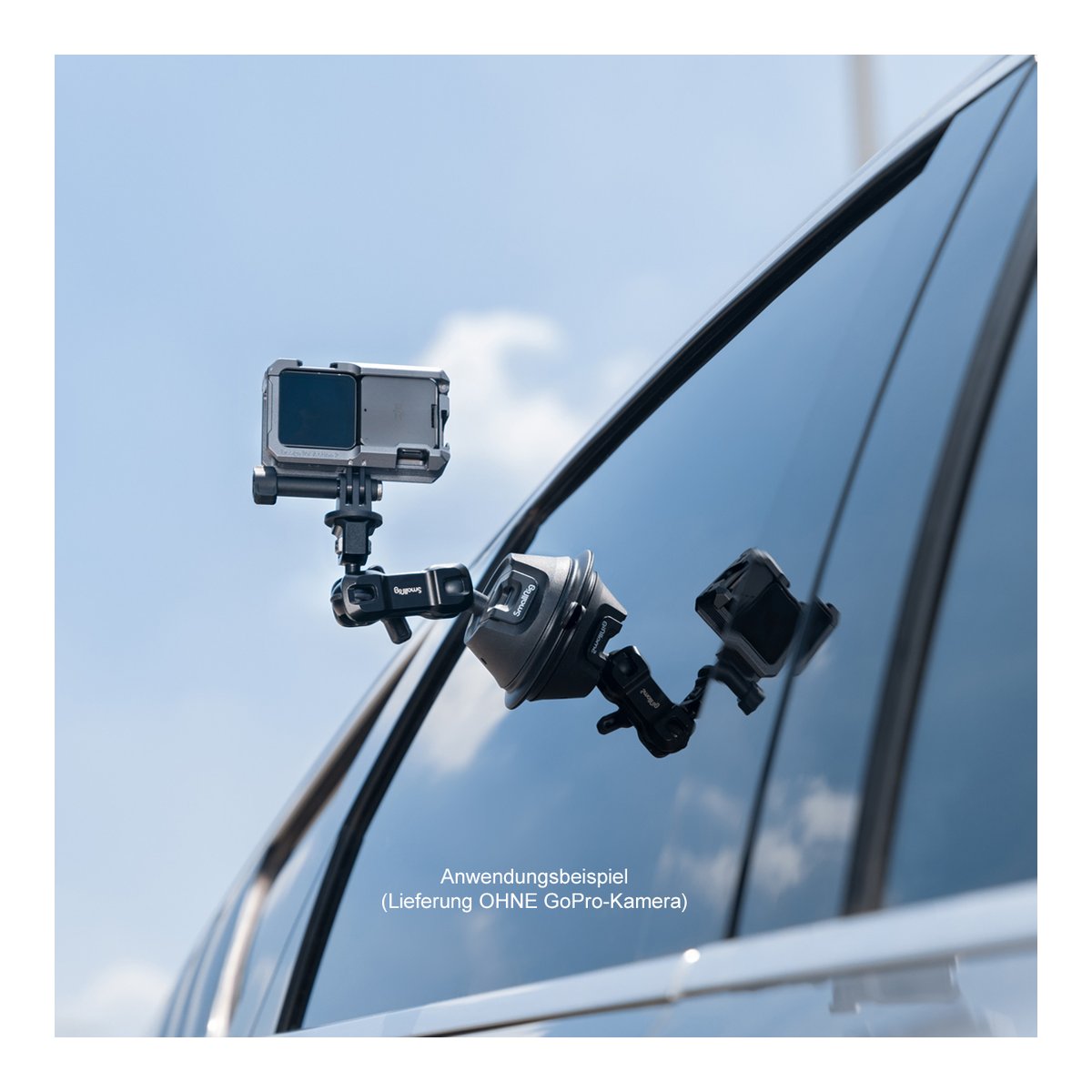 SmallRig 4275 SC-1K Portable Suction Cup Mount Support Kit, Saugnapf+Handyhalter - Anwendungsbeispiel: Kamerahalterung mit GoPro an Autofenster befestigt.