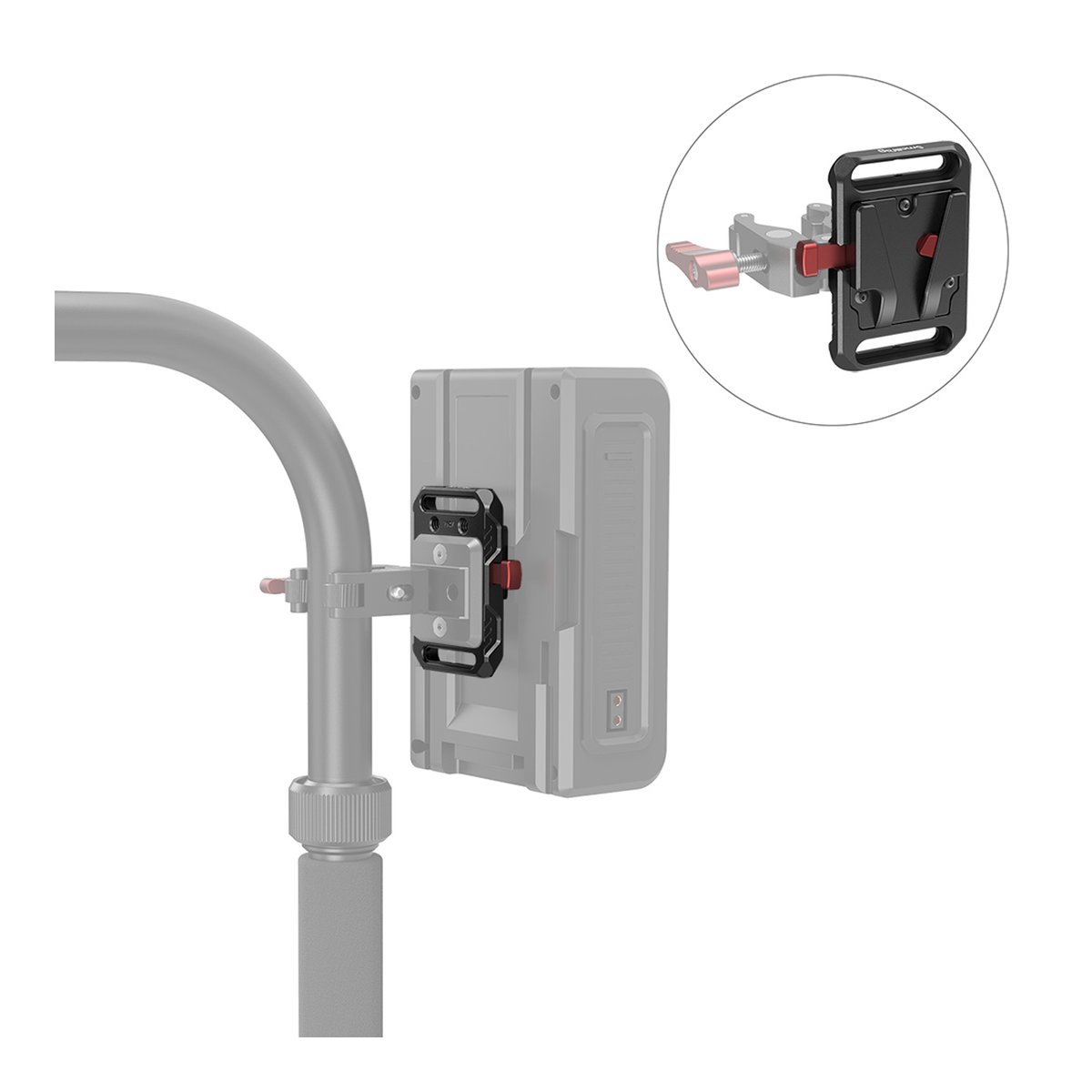 SmallRig 2987 Mini V-Mount Battery Plate Batterieadapter-Platte - Anwendungsbeispiel: V-Mount-Schnellwechselplatte an Rig mit Akku, Detailansicht der Platte.