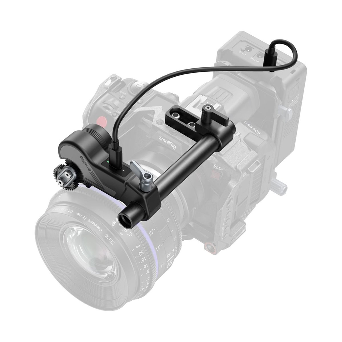 SmallRig 4296B kabelloses Follow-Focus-Kit (Lite) - Anwendungsbeispiel: Elektronisches Follow-Focus-System an Kamera montiert.