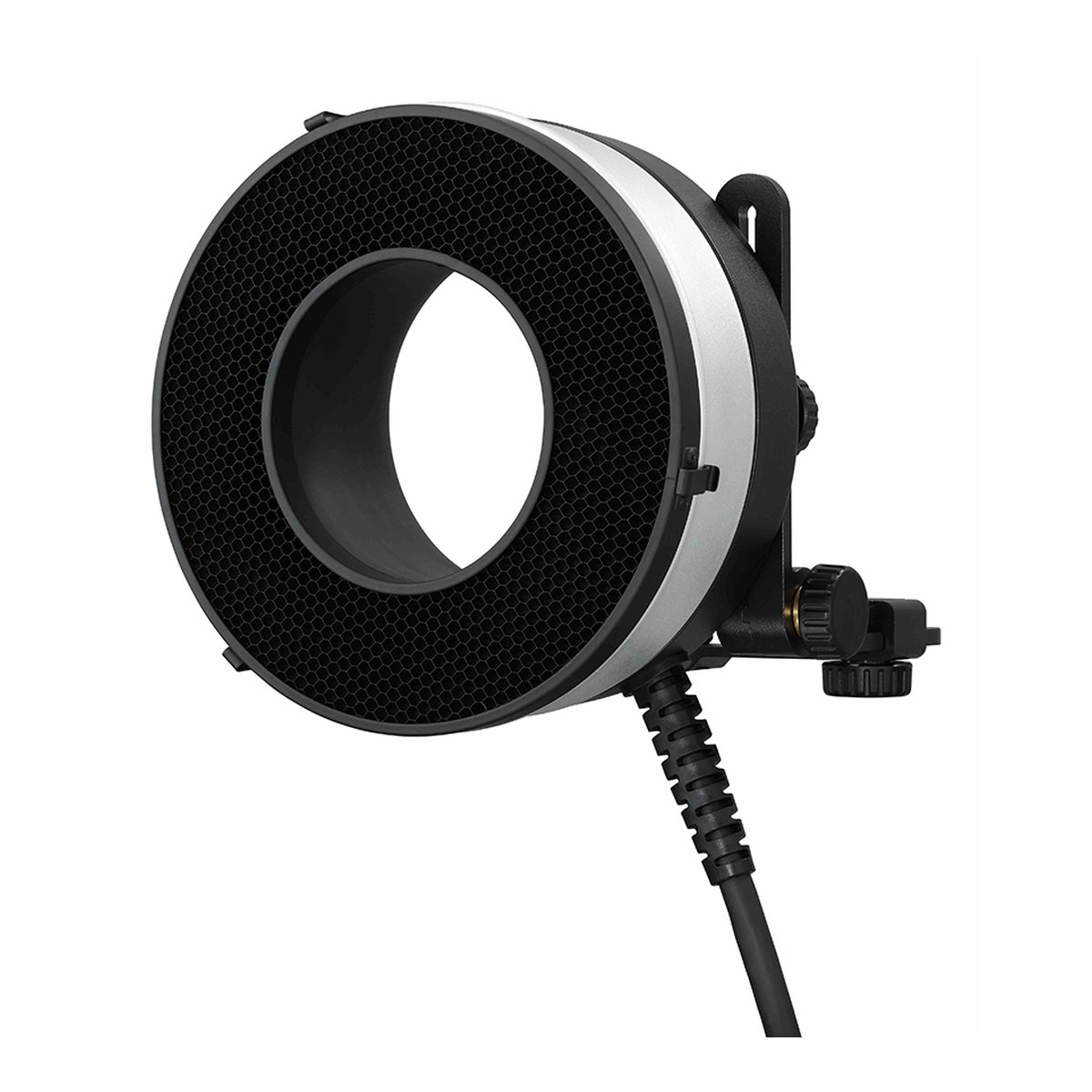 Godox Grid für R1200 Ringblitz-Reflektor 30 Grad 5mm - 3/4 Ansicht: Runde LED-Studioleuchte mit Wabenraster und Halterung