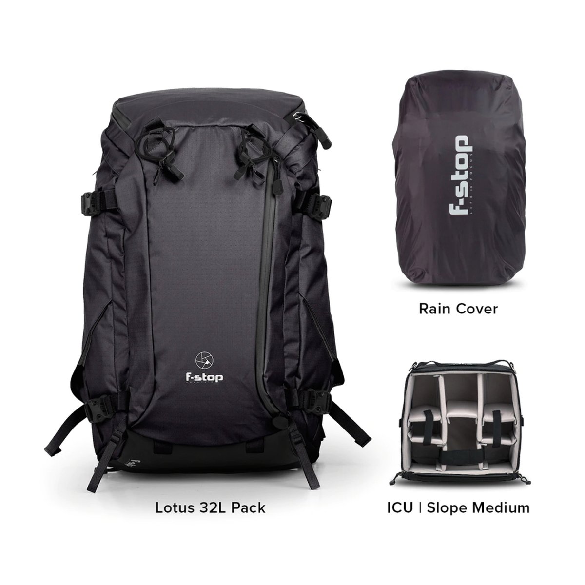 F-Stop Lotus Essentials Bundle Anthrazit (Schwarz) - Lieferumfang: F-stop Lotus 32L Rucksack, Regenhülle und ICU Slope Medium Kamerainsatz