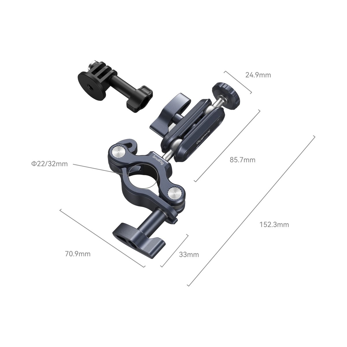 SmallRig 4191 Handlebar Clamp - Explosionszeichnung der Kamerahalterung mit allen Abmessungen.