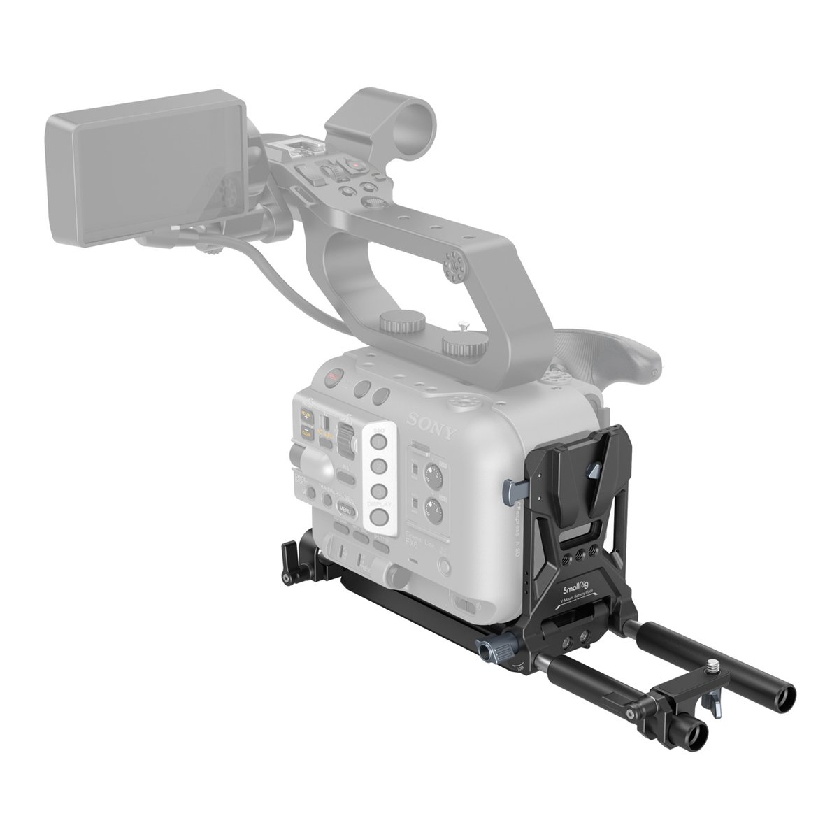 SmallRig 4323 V-Mount Battery Mount Plate Kit für Cinema Cameras - Anwendungsbeispiel: SmallRig V-Mount Akkuplatte mit Rod-System an Sony Kamera.