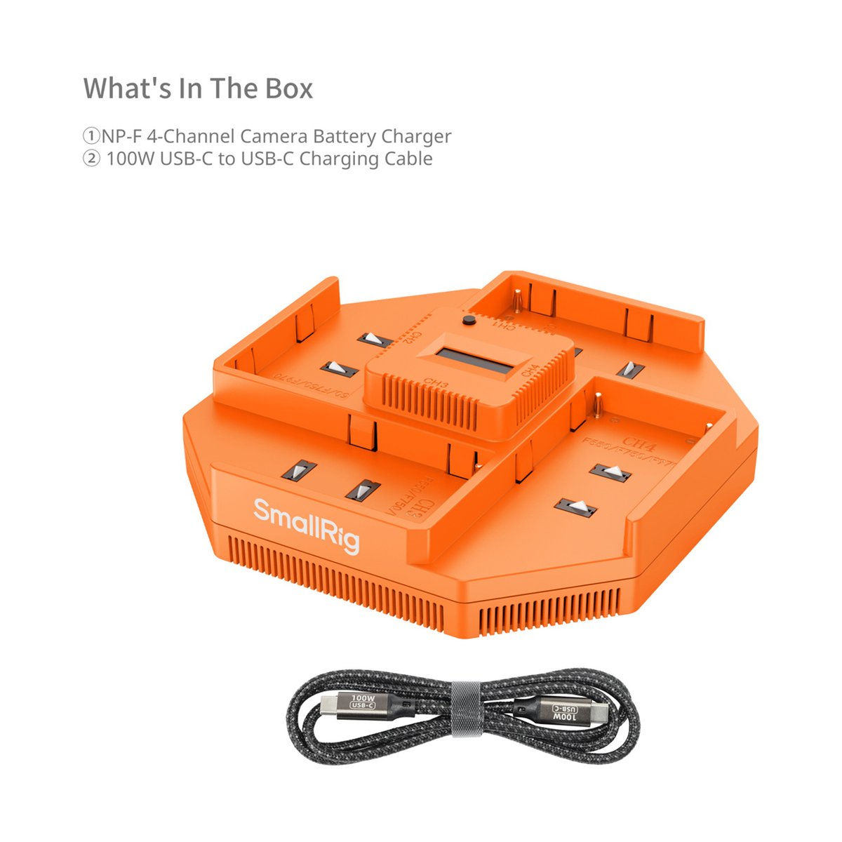 SmallRig 4837 NP-F 4-Kanal Kamera-Akku-Ladegerät - Lieferumfang: Oranges 4-Kanal Akkuladegerät und USB-C Ladekabel.
