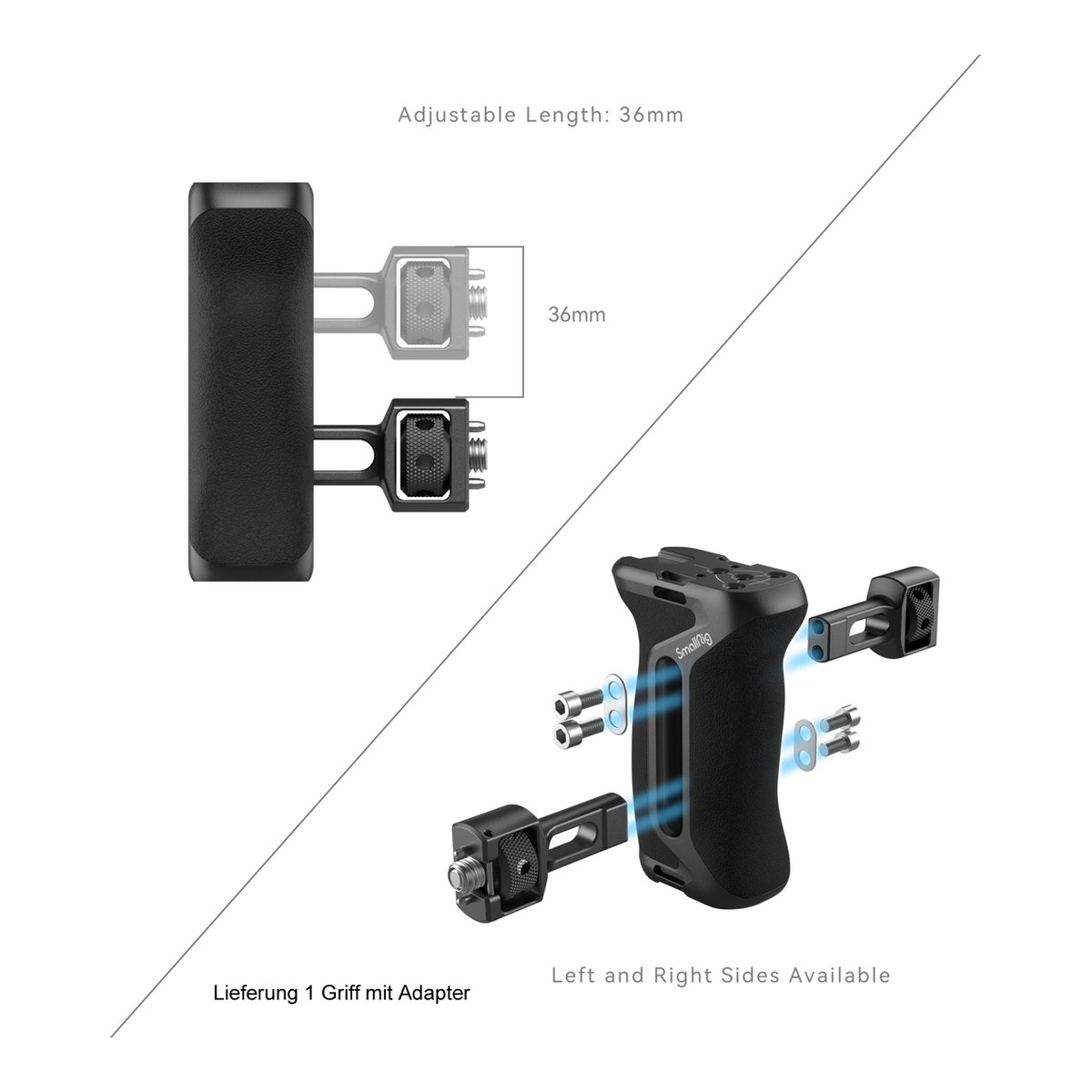 SmallRig 4346 Seitenhandgriff mit Two-in One Lokalisierungsschraube - Detailansicht: Kameragriff mit Längenverstellung und Adapterteilen