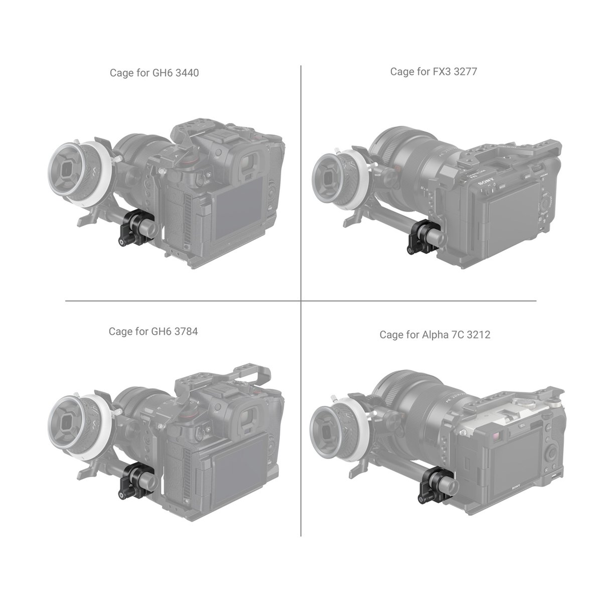 SmallRig 3598 Einzelstabklemme 12 mm / 15 mm - Anwendungsbeispiel: Rod Clamp mit Follow Focus an 4 verschiedenen Kamera-Cages
