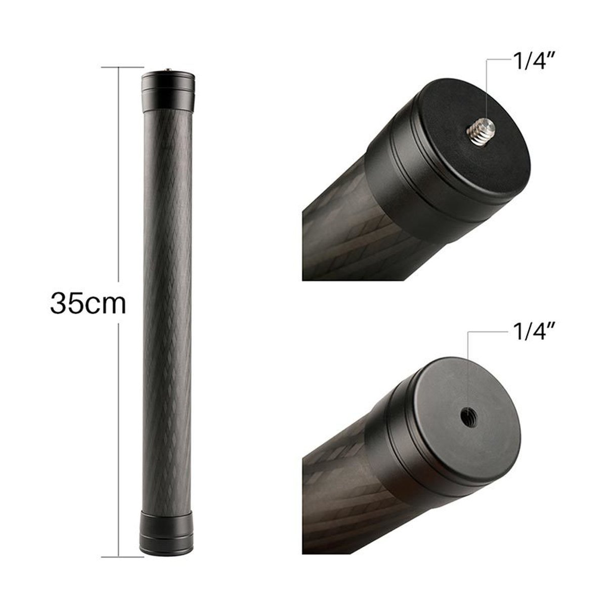 Caruba Carbon-Faser Erweiterungsstick für Ronin S - 35cm Verlängerungsstange aus Carbon, Detailansichten 1/4 Zoll Schraube und Gewindeloch