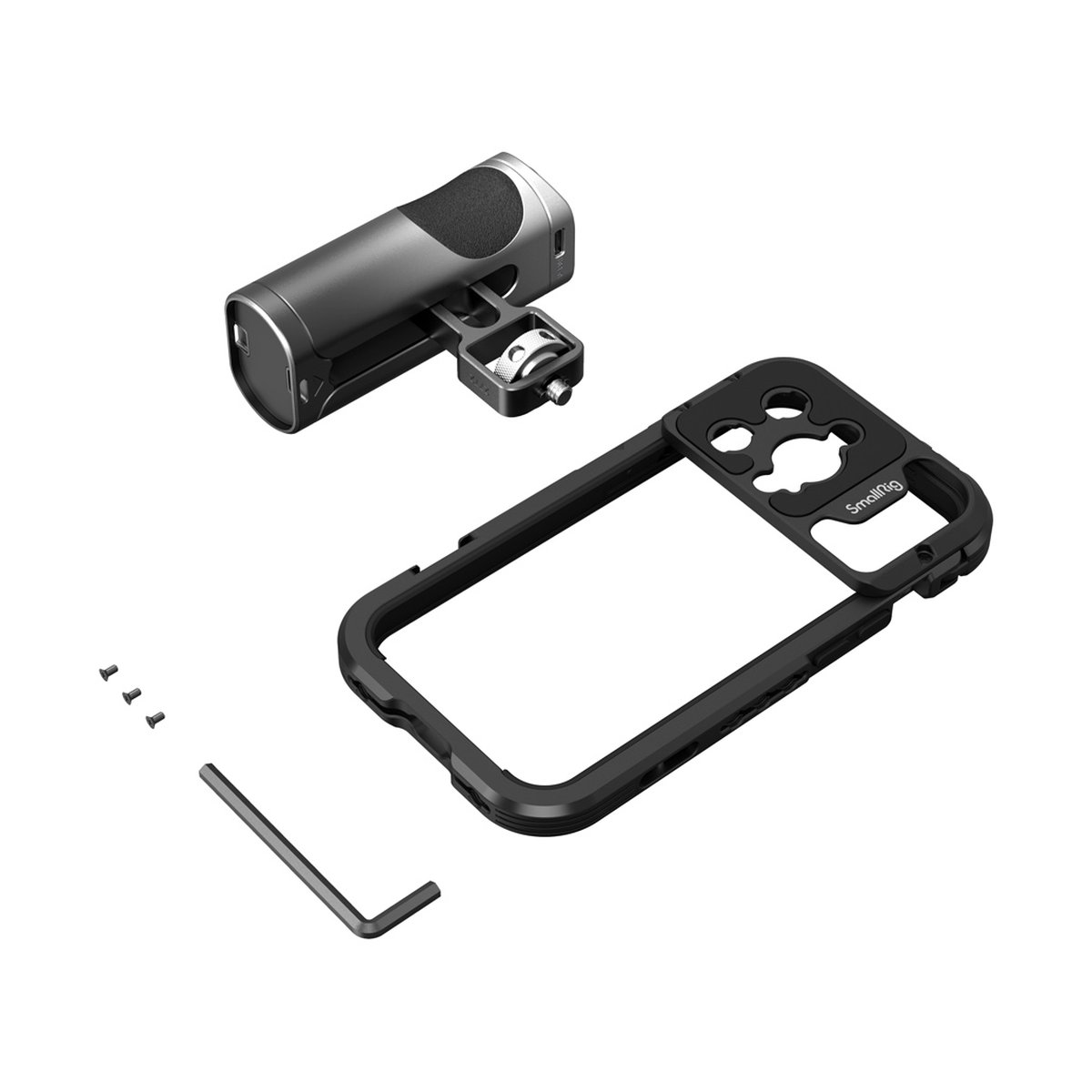 SmallRig 4100 Mobile Video Cage Kit (Single Handheld) for iPhone 14 Pro - Lieferumfang des Smartphone-Videorigs mit Griff, Rahmen, Schrauben und Werkzeug.