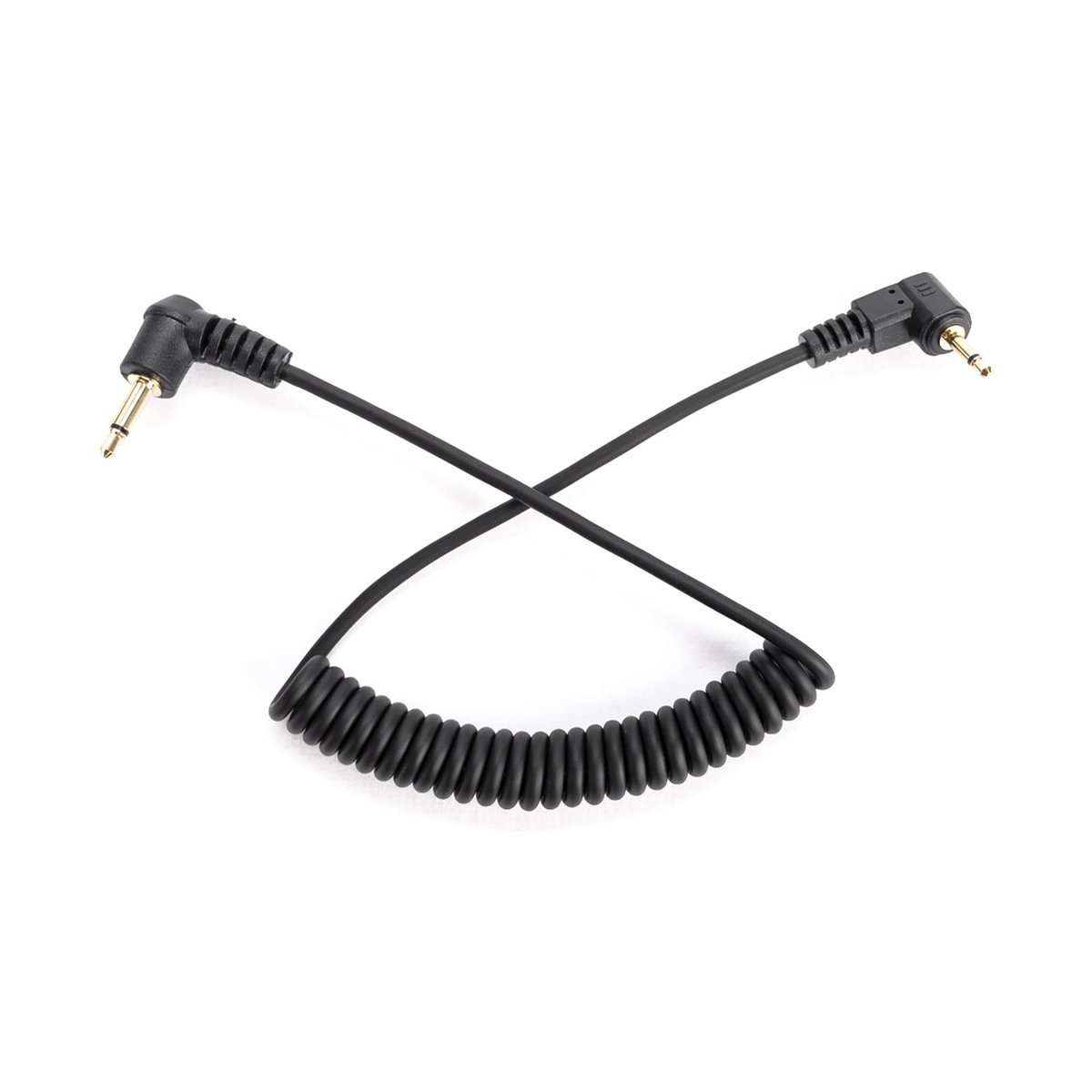 Godox Sync Cable 2.5-3.5mm - Produktansicht: Schwarzes Spiralkabel mit gewinkelten Klinkensteckern.